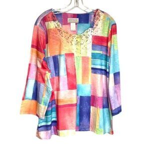 Alfred Dunner Bright Patchwork Lace Neck Top 1X (4446)